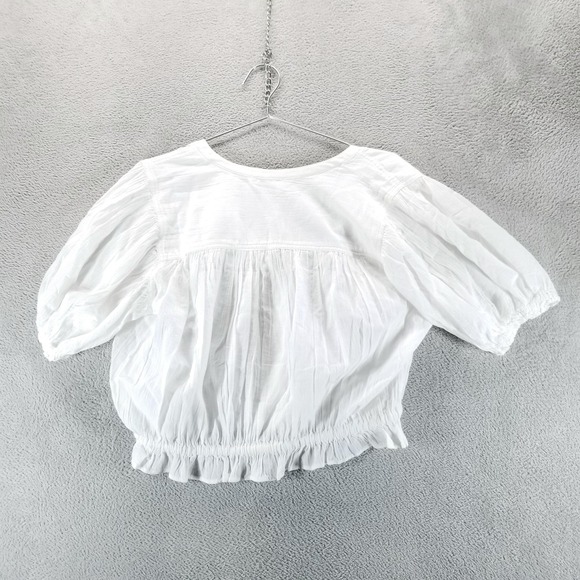 Free People Blouse Womens L White Puff Sleeve Button Front Crop Boho Ruffle Hem - Picture 2 of 10